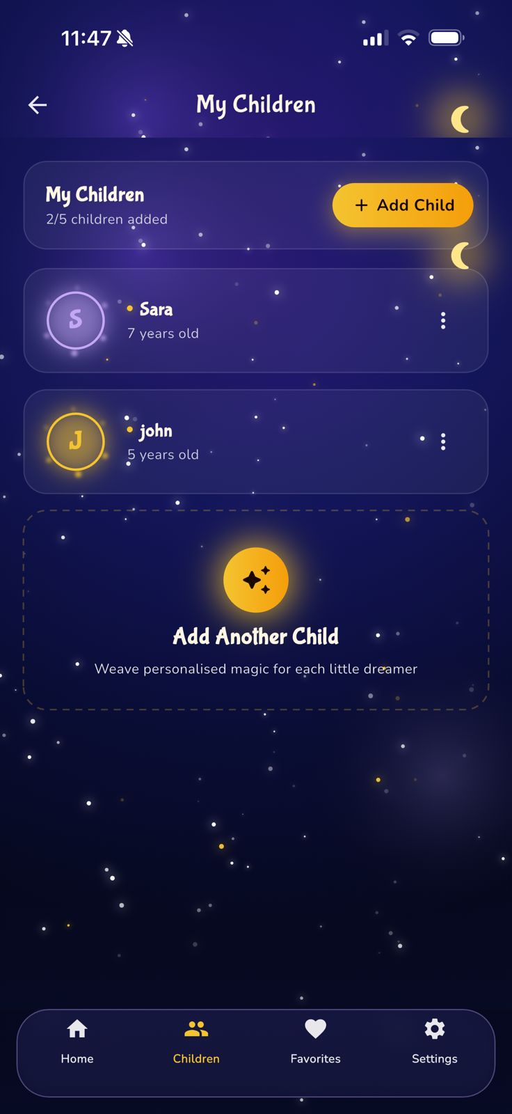 Children profiles screen