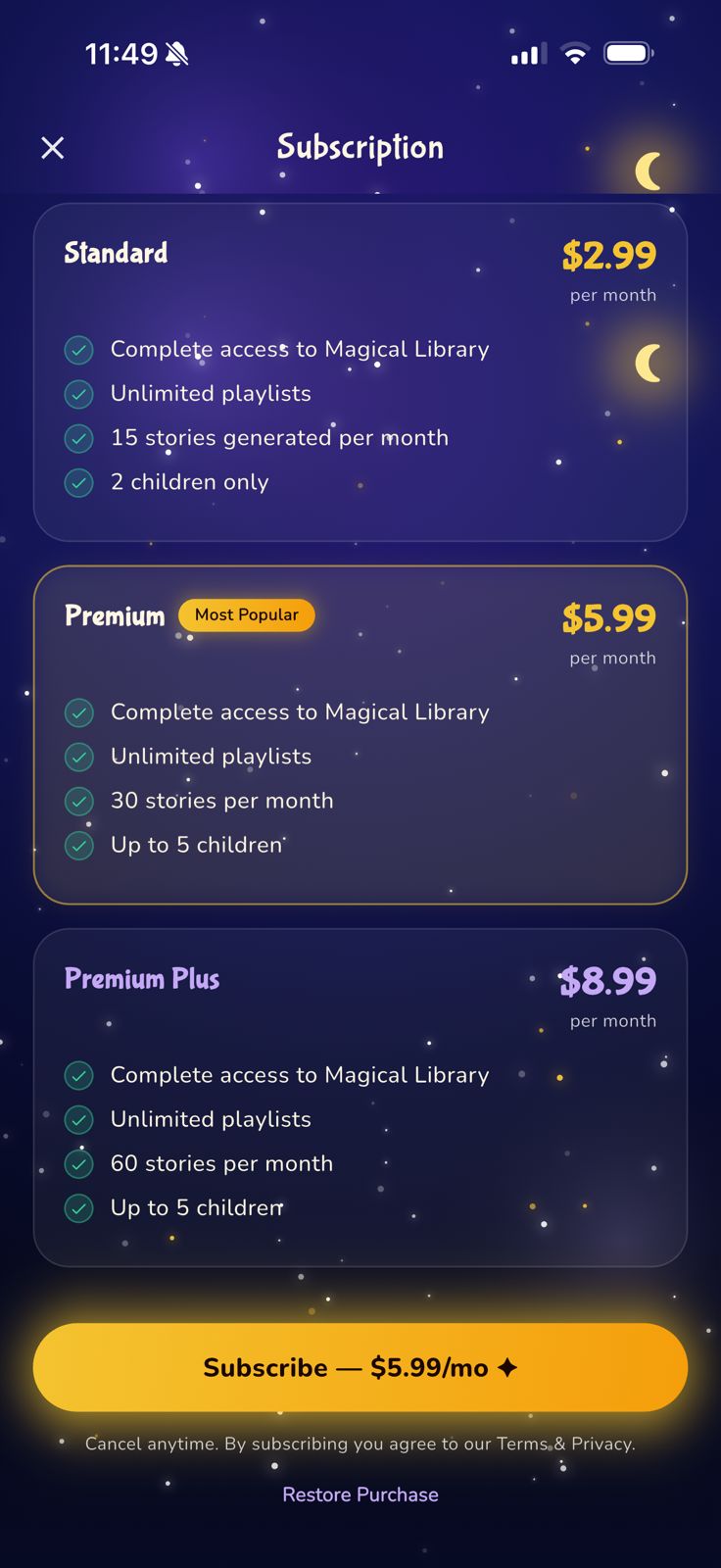 Subscription screen